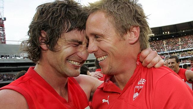 Sydney captain Brett Kirk, left, and Stuart Maxfield after the 2005 grand final