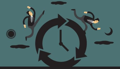 48970388 - businessmen racing against time around a clock with sun and moon in the background representing day and night. creative vector illustration for business and time concept.